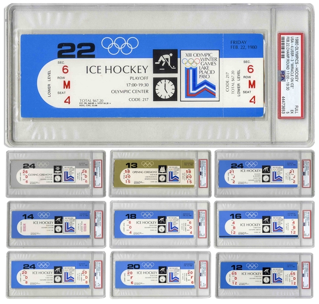 Lot of 10 Hockey Tickets for the 1980 Olympics, Including the US vs. USSR ''Miracle on Ice'' Game -- Also Includes Opening & Closing Ceremonies & Gold Medal Award Ceremony for US Hockey -- PSA Slabbed